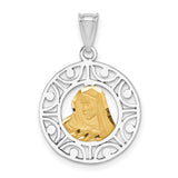 Brushed Virgin Mary Mother of God Round Filigree Charm Pendant in Real 14k Multi-Tone Gold