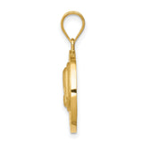14k Yellow Gold Virgin Mary Pendant with Radiant Background and Filigree Leaf Border