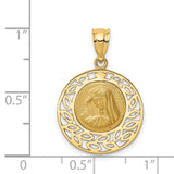 14k Yellow Gold Virgin Mary Pendant with Radiant Background and Filigree Leaf Border