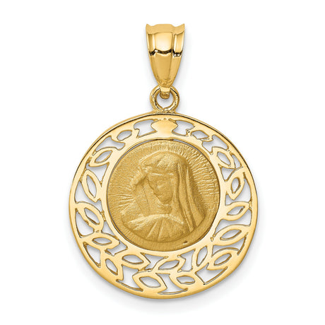 14k Yellow Gold Virgin Mary Pendant with Radiant Background and Filigree Leaf Border