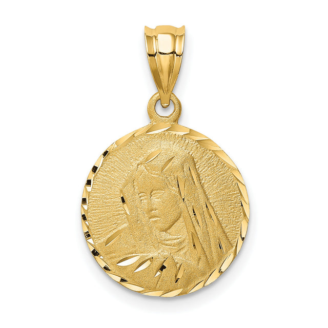 14k Yellow Gold Virgin Mary Medallion Pendant with Diamond Cut Accents, Catholic Medal Charm