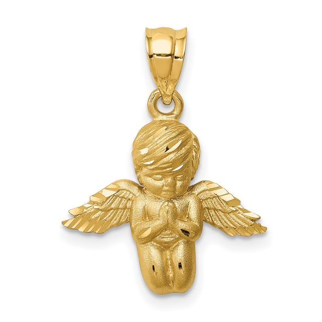 Brushed & Diamond-cut Angel Charm Pendant in Real 14k Yellow Gold