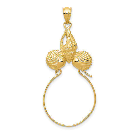 14k Yellow Gold Conch Shell Pendant with Scallop Shell Charms, Nautical Coastal Theme