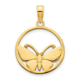 14k Yellow Gold Butterfly Pendant with Pink Enamel Wings in Circular Frame