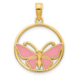 14k Yellow Gold Butterfly Pendant with Pink Enamel Wings in Circular Frame