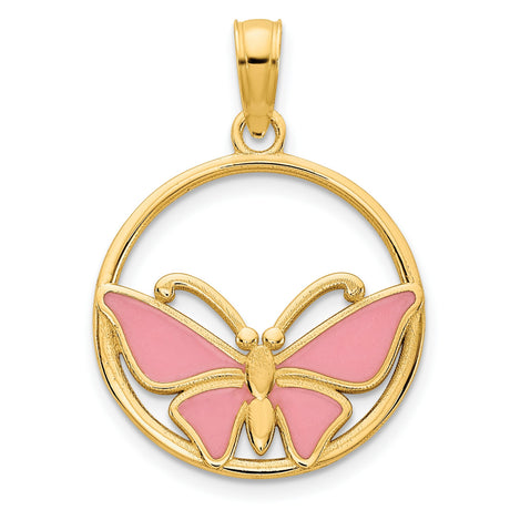 14k Yellow Gold Butterfly Pendant with Pink Enamel Wings in Circular Frame