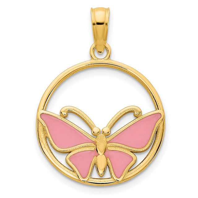 14k Yellow Gold Butterfly Pendant with Pink Enamel Wings in Circular Frame