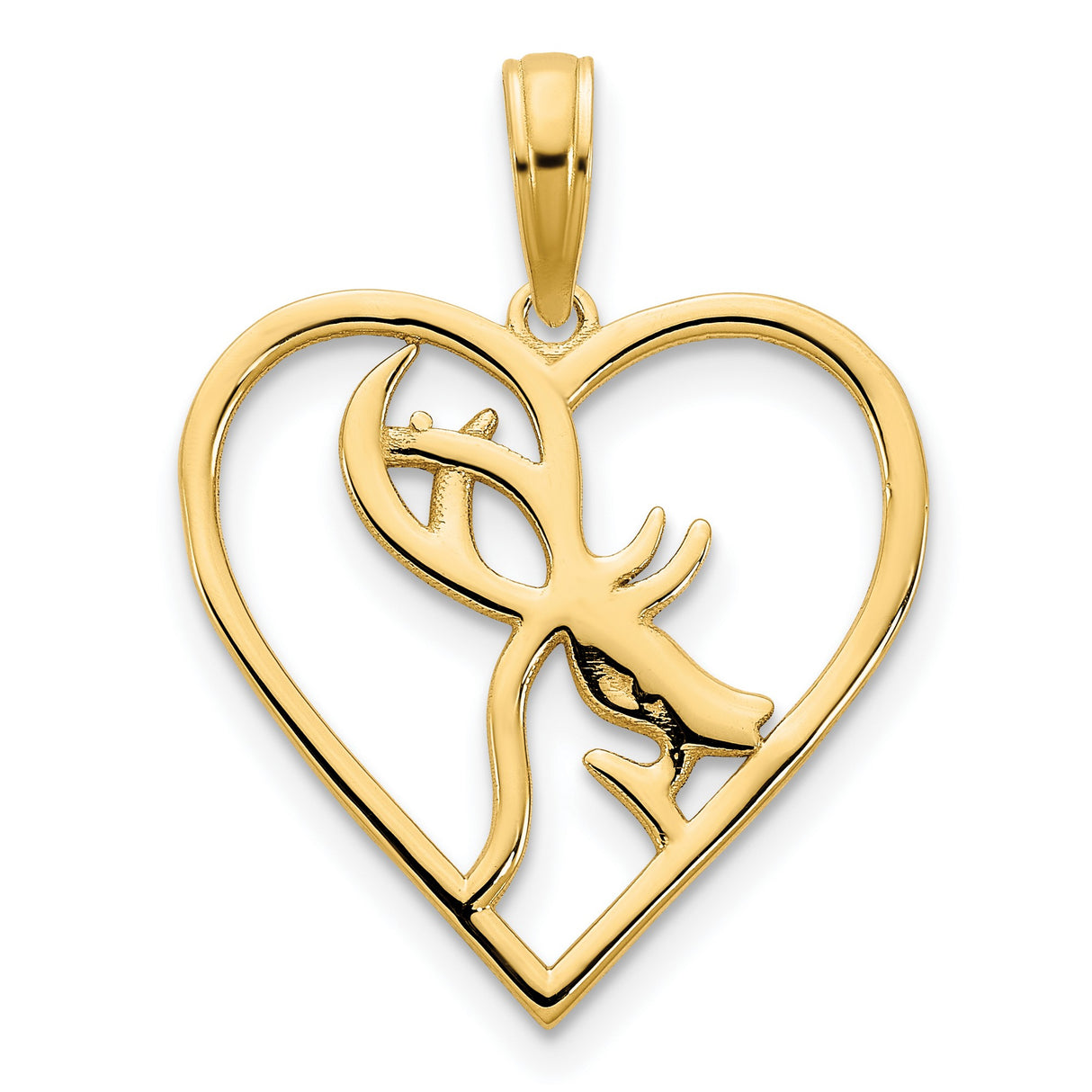 14k Yellow Gold Heart Pendant with Abstract Deer Head and Antler Design
