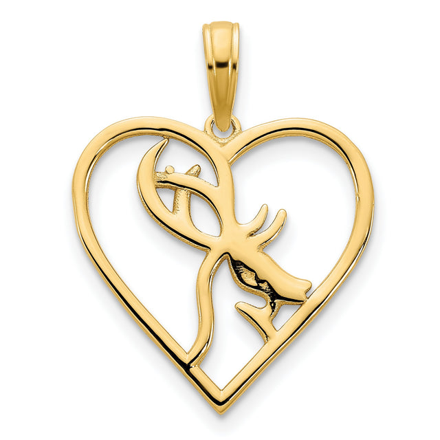14k Yellow Gold Heart Pendant with Abstract Deer Head and Antler Design