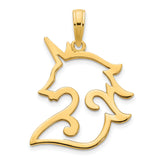 14k Yellow Gold Unicorn Head Pendant with Flowing Mane, Openwork Fantasy Design for Women and Teens