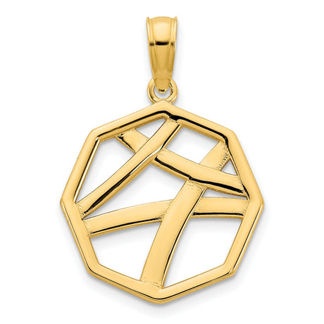 14k Yellow Gold Hexagon Pendant with Openwork Line Design, Modern Geometric Charm