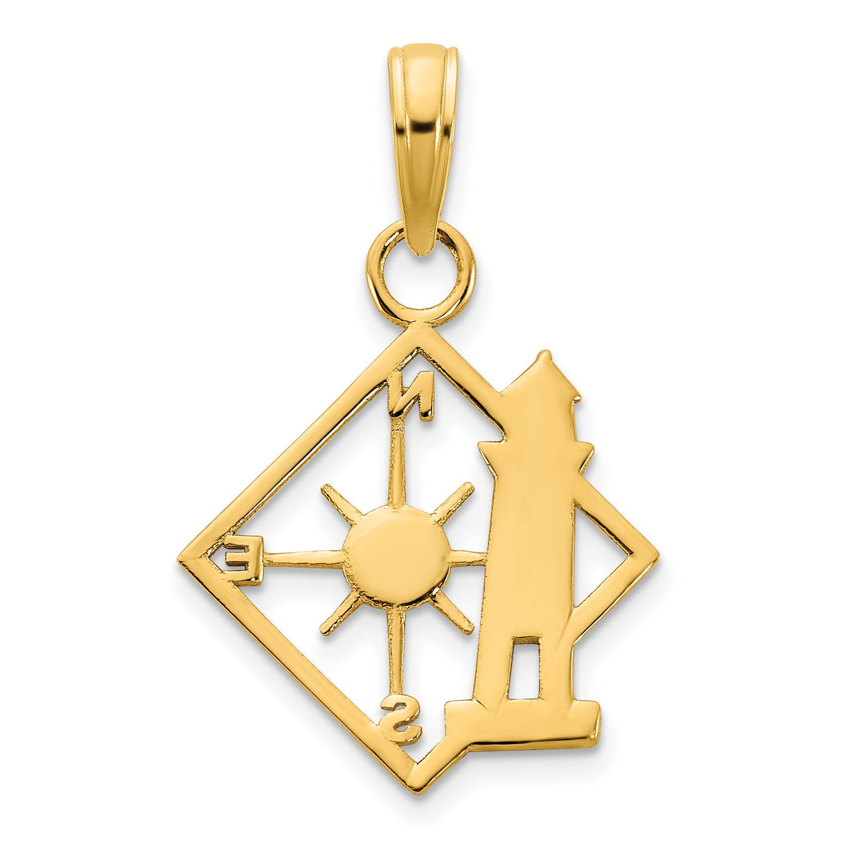 14k Yellow Gold Nautical Pendant with Lighthouse and Compass Rose in Diamond Frame
