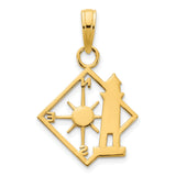 14k Yellow Gold Nautical Pendant with Lighthouse and Compass Rose in Diamond Frame