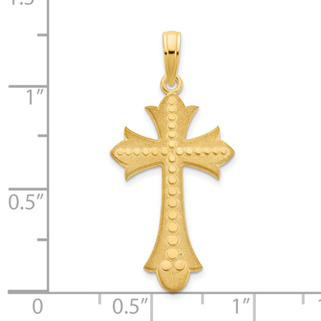 14k Yellow Gold Cross Pendant with Satin Finish and Polished Fleur de Lis Design