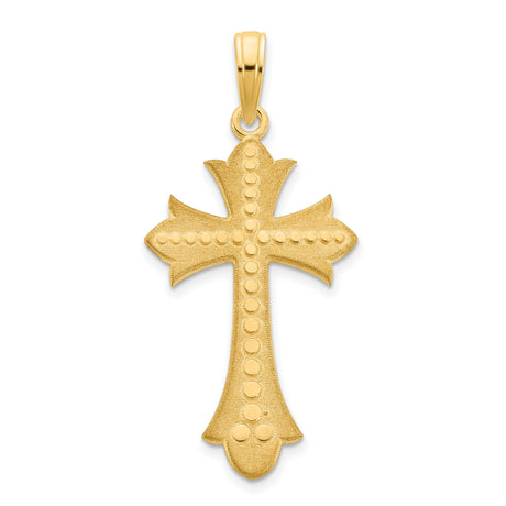 14k Yellow Gold Cross Pendant with Satin Finish and Polished Fleur de Lis Design