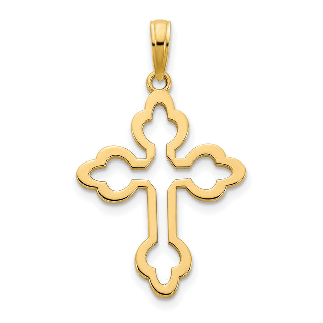 14k Yellow Gold Cross Pendant with Openwork Trefoil Design and Sleek Mirror Finish