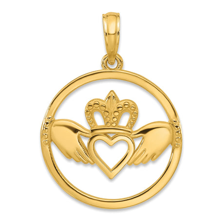 14k Yellow Gold Claddagh Pendant with Heart, Crown and Hands Design, Irish Heritage Charm