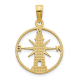 14k Yellow Gold Lighthouse Pendant with Compass Rose Design, Nautical Ocean Charm