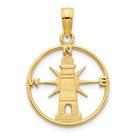14k Yellow Gold Lighthouse Pendant with Compass Rose Design, Nautical Ocean Charm