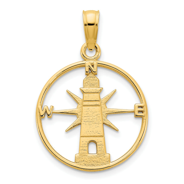 14k Yellow Gold Lighthouse Pendant with Compass Rose Design, Nautical Ocean Charm