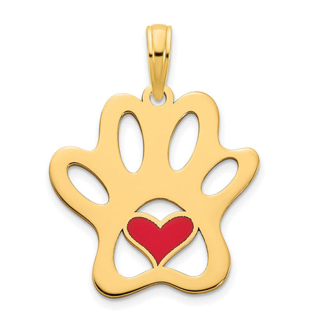 Epoxy Paw Print with Heart Charm Pendant in Real 14k Yellow Gold