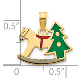 14k Yellow Gold Christmas Pendant with Rocking Horse and Green Tree Design for Women