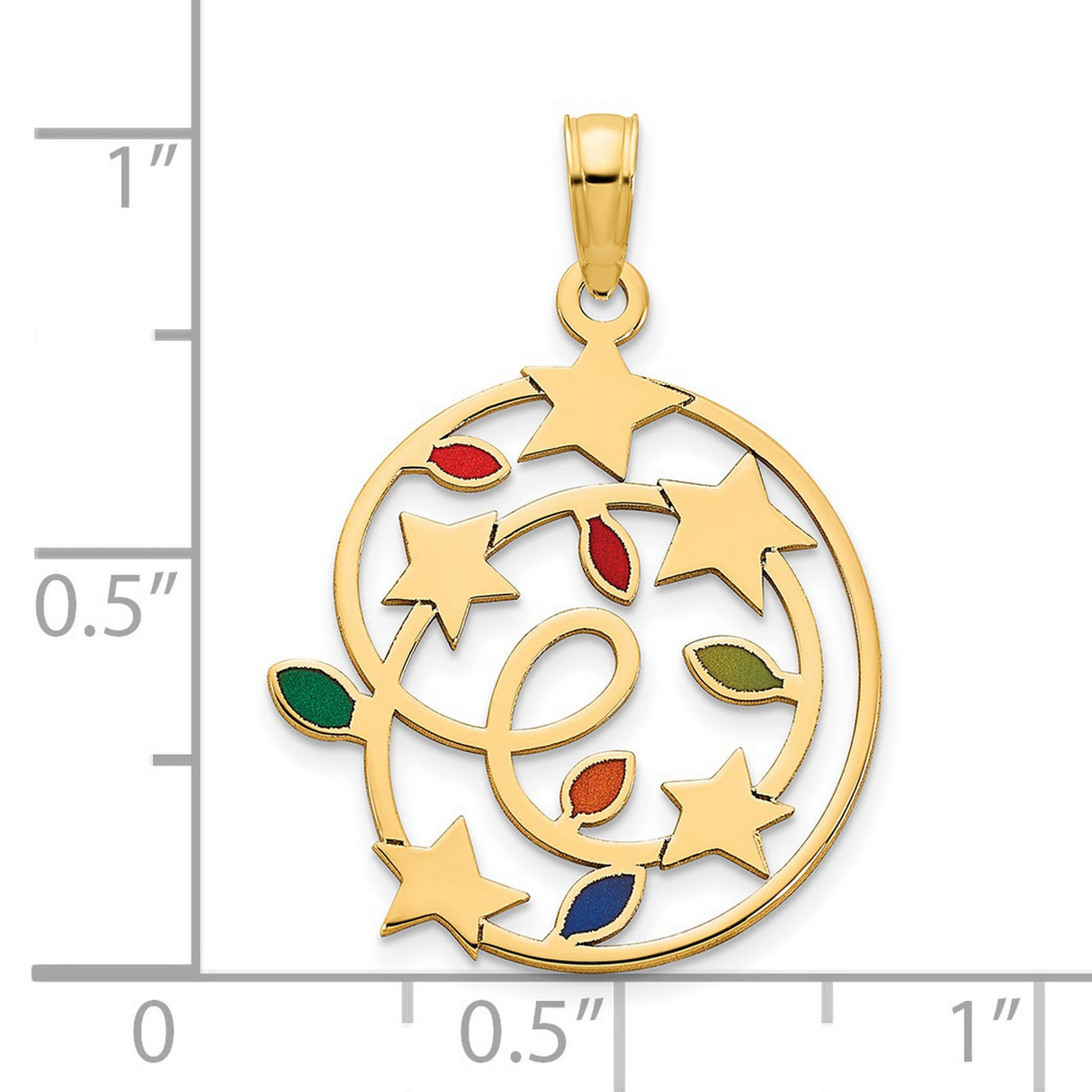 14k Yellow Gold Pendant with Swirl Design, Five Stars, Enamel Leaves, Celestial Motif