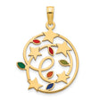 14k Yellow Gold Pendant with Swirl Design, Five Stars, Enamel Leaves, Celestial Motif