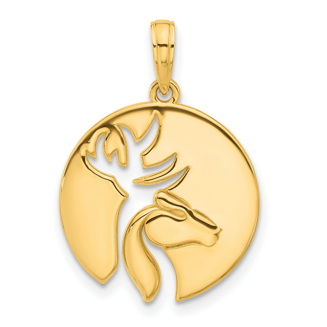 14k Yellow Gold Pendant with Cutout Deer and Horse in Circle Frame, Nature and Wildlife Theme