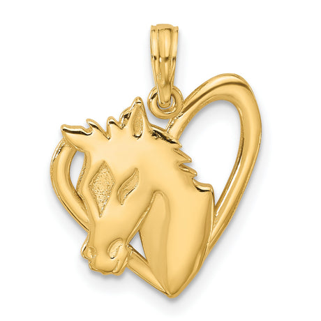 14k Yellow Gold Horse Head Pendant with Open Heart Design for Women