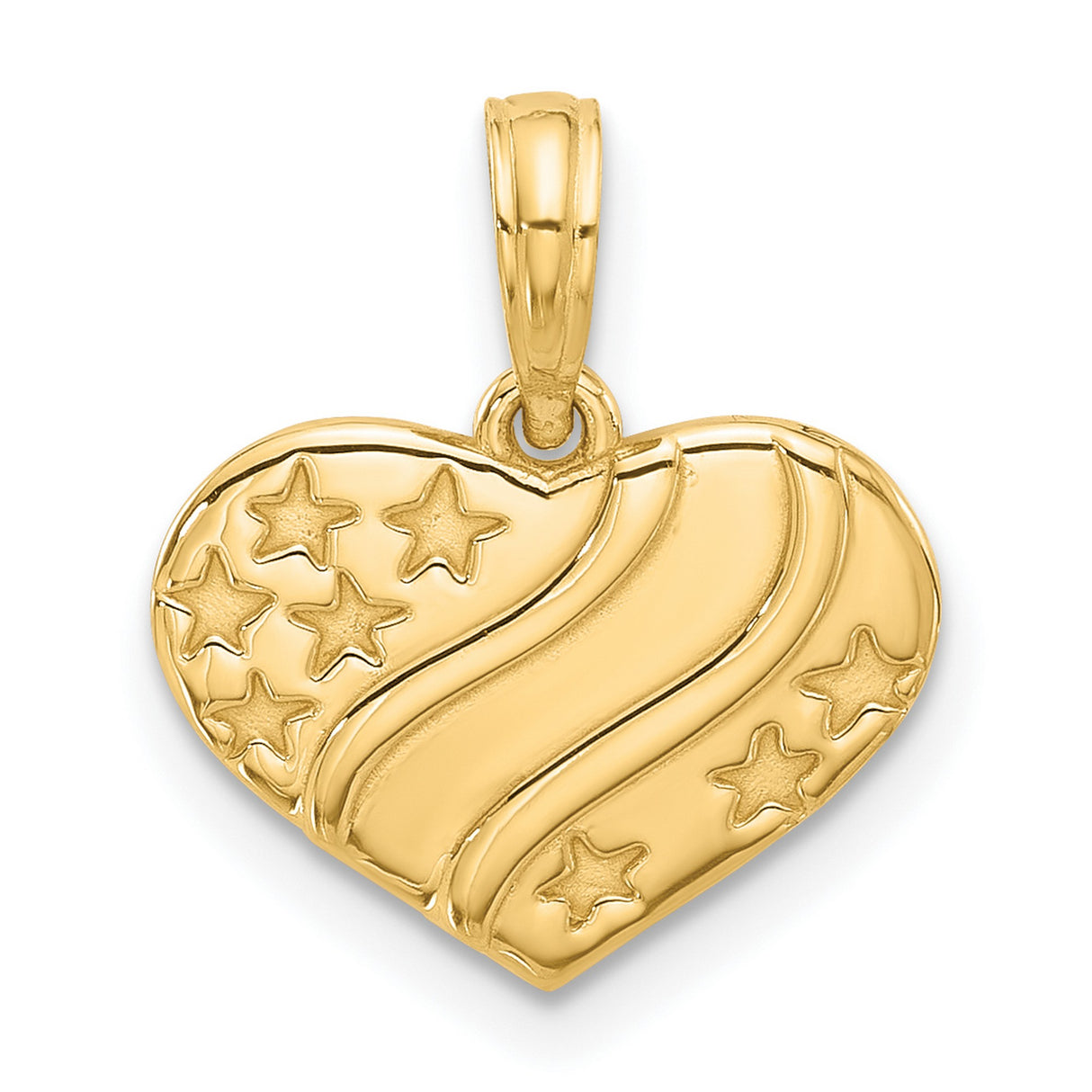 Polished Stars on Heart Charm Pendant in Real 14k Yellow Gold