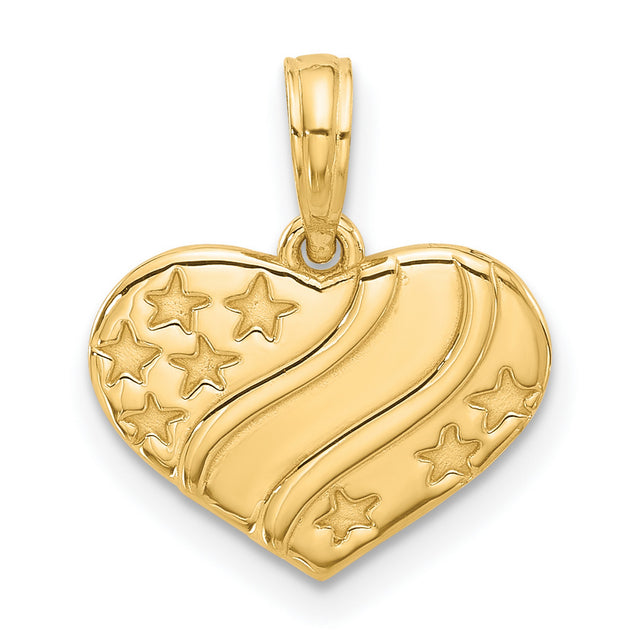 Polished Stars on Heart Charm Pendant in Real 14k Yellow Gold
