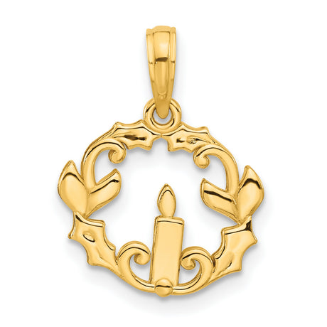 14k Yellow Gold Christmas Wreath Pendant with Holly Leaves and Candle Charm