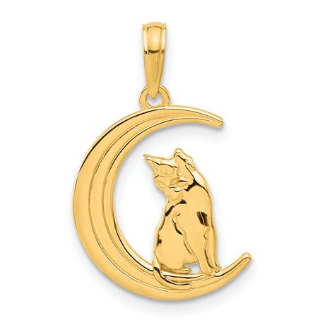 Polished Cat Sitting On Moon Charm Pendant in Real 14k Yellow Gold