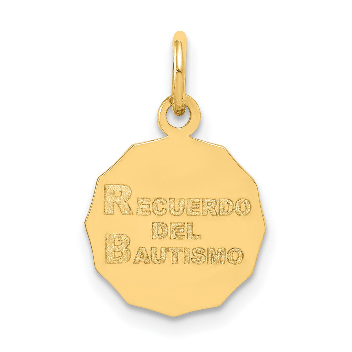 Recuerdo Del Bautismo Words with Jesus and Two Angels Round Charm Pendant in Real 14k Yellow Gold