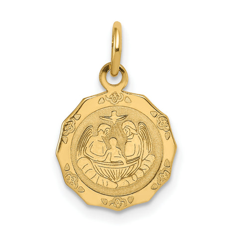 Recuerdo Del Bautismo Words with Jesus and Two Angels Round Charm Pendant in Real 14k Yellow Gold