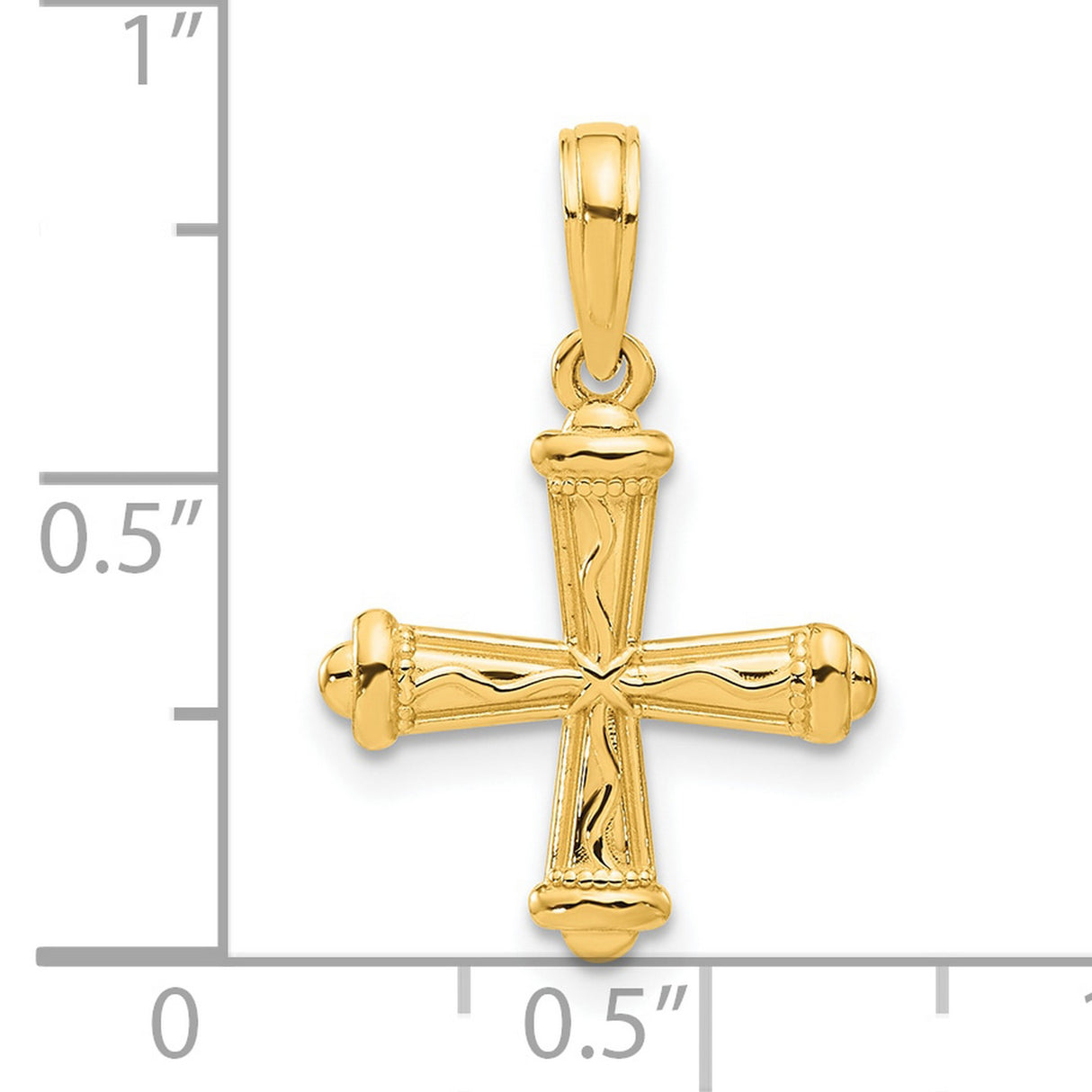14k Yellow Gold Cross Pendant, Textured with Flared Arms and Wave Pattern, Polished Finish