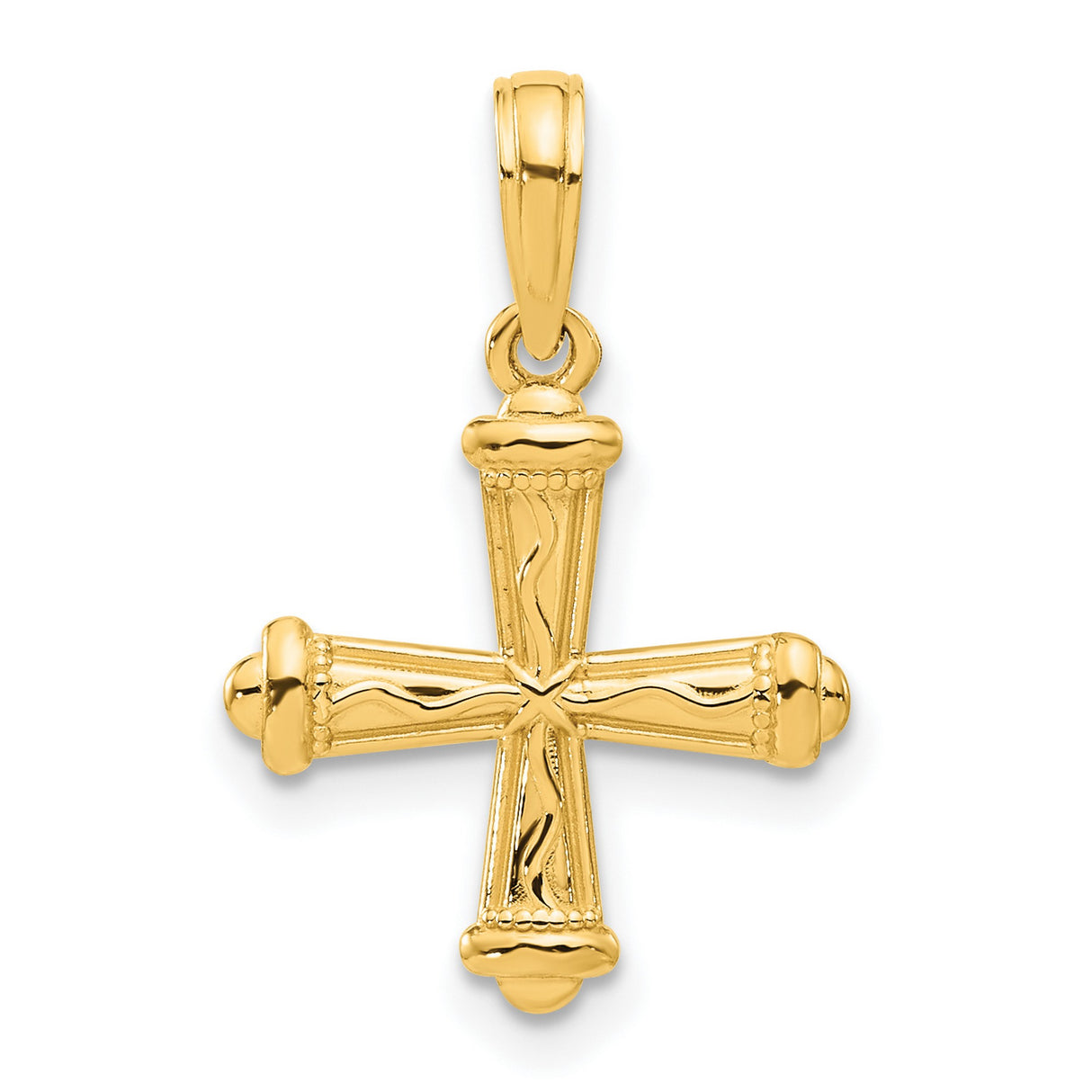 14k Yellow Gold Cross Pendant, Textured with Flared Arms and Wave Pattern, Polished Finish