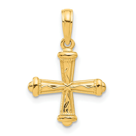 14k Yellow Gold Cross Pendant, Textured with Flared Arms and Wave Pattern, Polished Finish