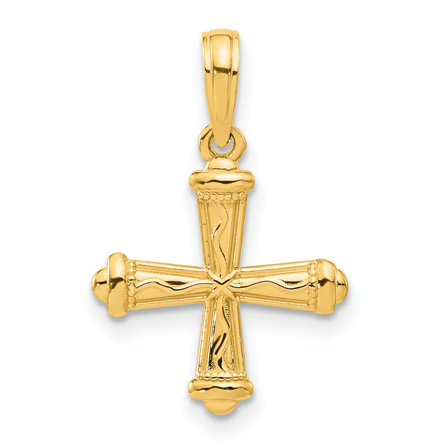 14k Yellow Gold Cross Pendant, Textured with Flared Arms and Wave Pattern, Polished Finish