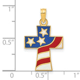 14k Yellow Gold Cross Pendant with Enameled USA Flag Design, Patriotic Religious Charm