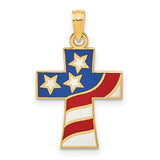 14k Yellow Gold Cross Pendant with Enameled USA Flag Design, Patriotic Religious Charm