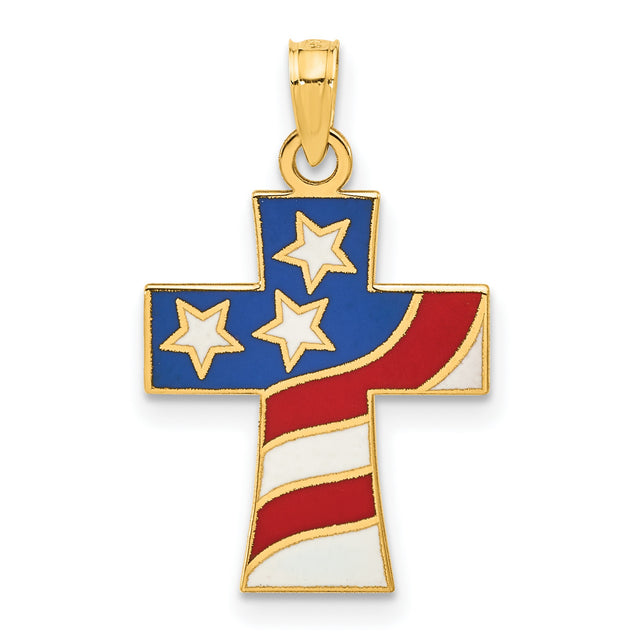 14k Yellow Gold Cross Pendant with Enameled USA Flag Design, Patriotic Religious Charm