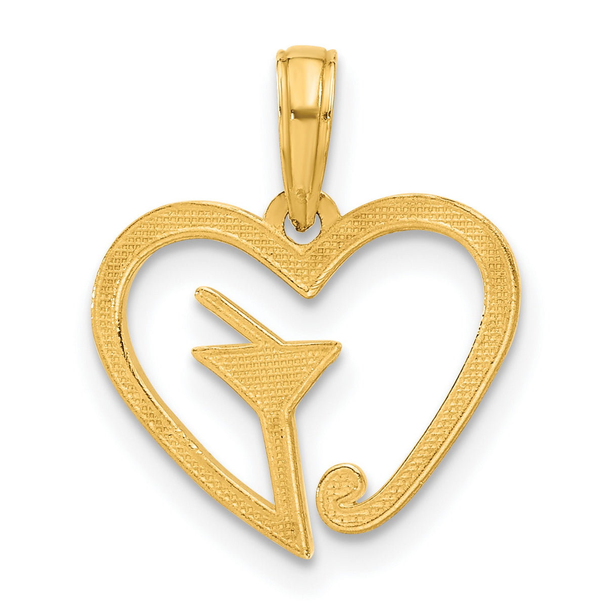 14k Yellow Gold Heart Shaped Martini Glass Pendant, Cocktail Party Theme for Women