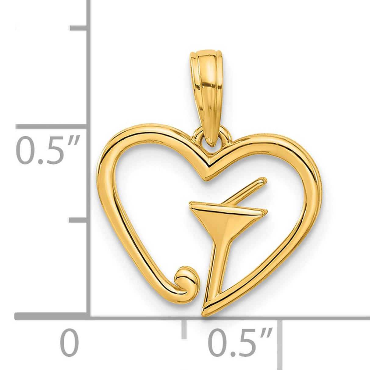 14k Yellow Gold Heart Shaped Martini Glass Pendant, Cocktail Party Theme for Women