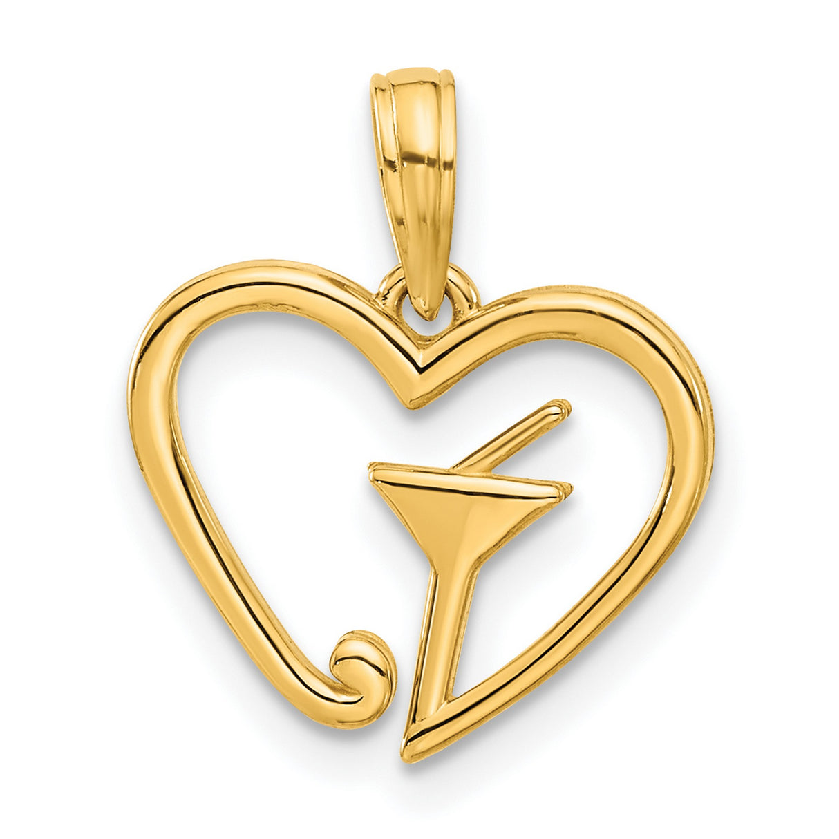 14k Yellow Gold Heart Shaped Martini Glass Pendant, Cocktail Party Theme for Women