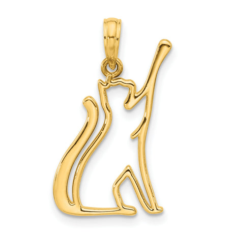 Polished Cat Reaching Charm Pendant in Real 14k Yellow Gold