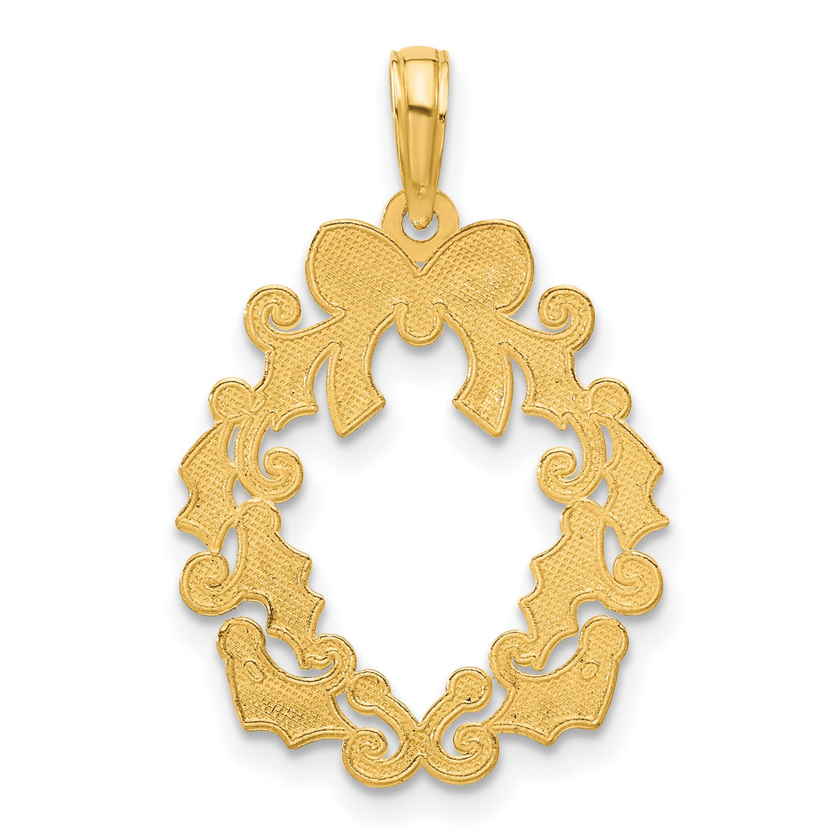 14k Yellow Gold Christmas Wreath Pendant with Holly Leaves and Bow, Holiday Charm