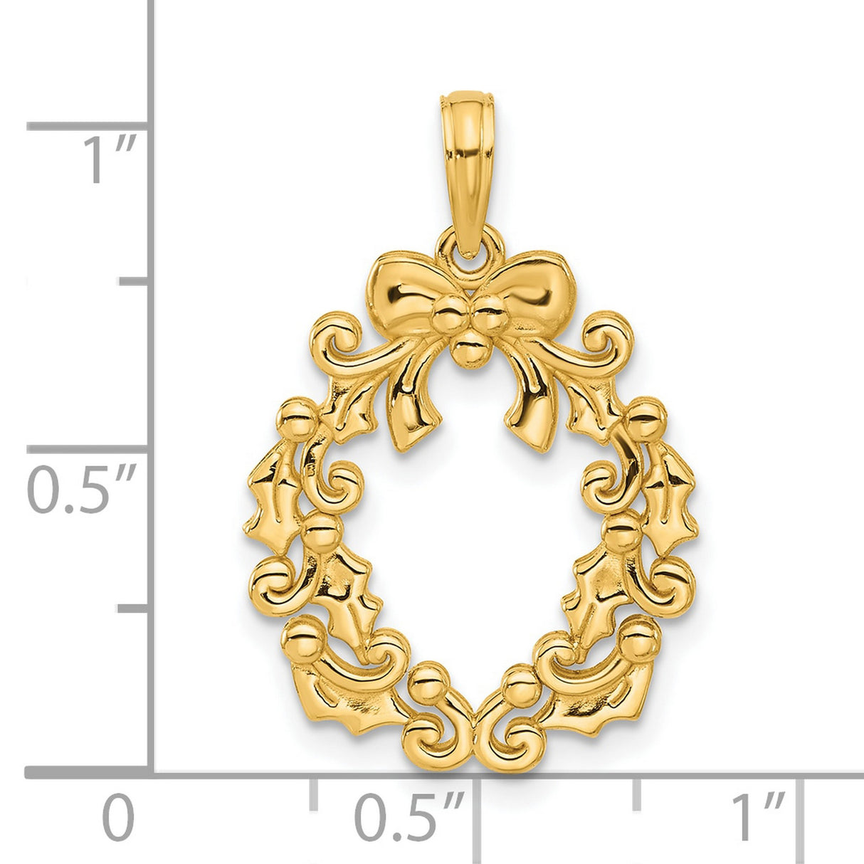 14k Yellow Gold Christmas Wreath Pendant with Holly Leaves and Bow, Holiday Charm