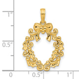 14k Yellow Gold Christmas Wreath Pendant with Holly Leaves and Bow, Holiday Charm